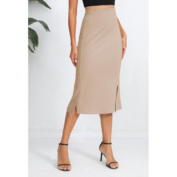 Women's Khaki Stretch Office Fishtail Pencil High Waist Bodycon Slit Midi Skirt - Picture 4 of 6